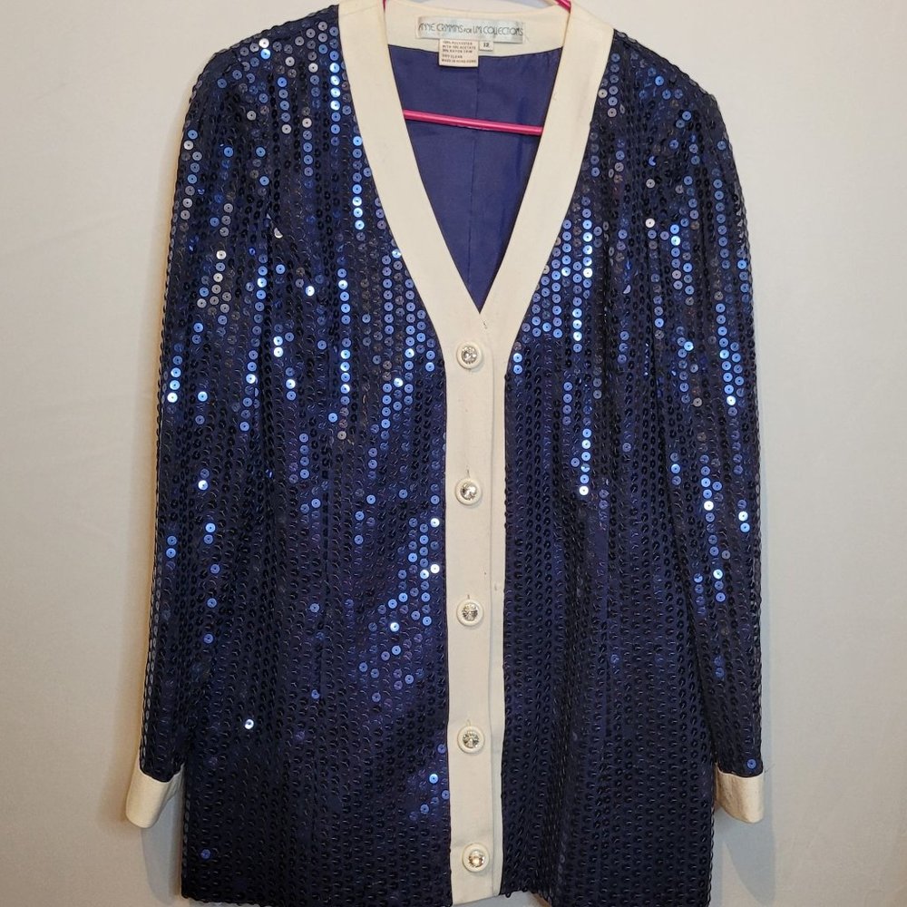 Vintage Sequin Formal Jacket Blue White Trim Bling Buttons Anne Crimmins